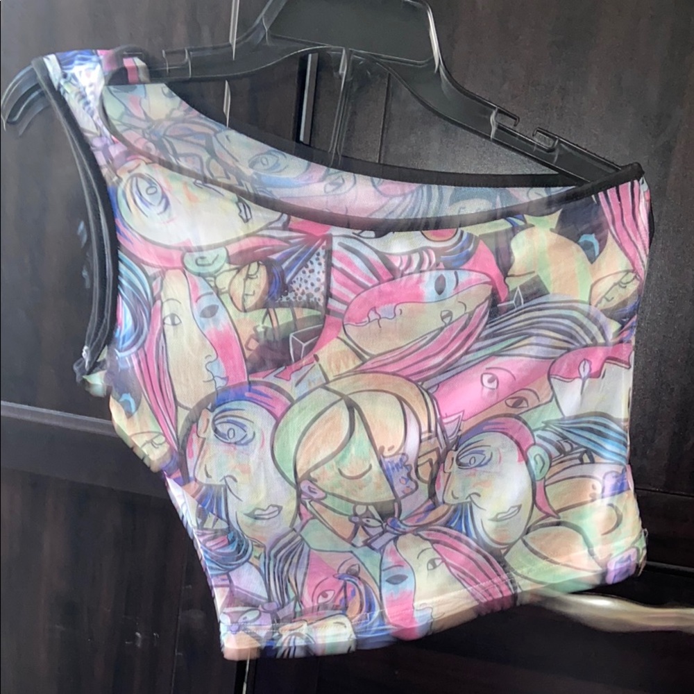 Vibrant Pink and Blue Asymmetrical Graphic Tank Top
